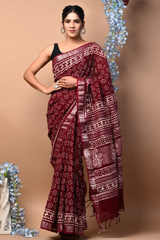 Maroon & Multi Coloured Linen Cotton Beautiful Hand Block printed Women Daily/Party wear Saree with Blouse!!