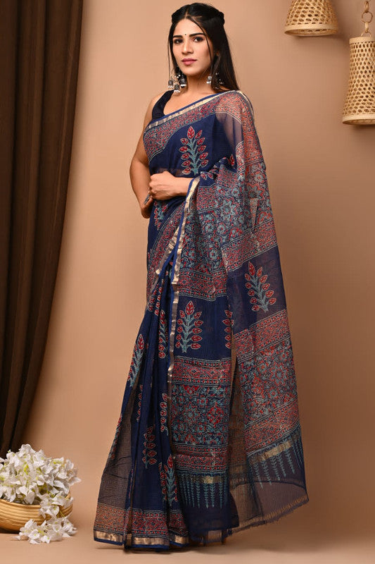 Navy Blue & Multi Coloured Kota Doriya Cotton Beautiful Hand Block printed Women Daily/Party wear Saree with Blouse!!