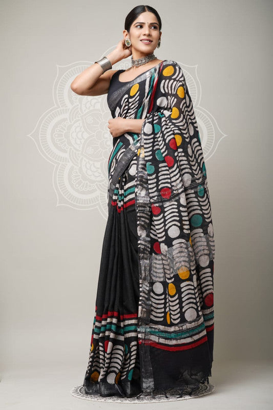 Black & Multi Coloured Linen Cotton Beautiful Hand Block printed Women Daily/Party wear Saree with Blouse!!