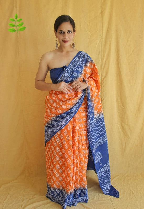 Orange & Blue Coloured Beautiful Hand Block printed Women Daily/Party wear Pure Cotton Saree with Blouse!!