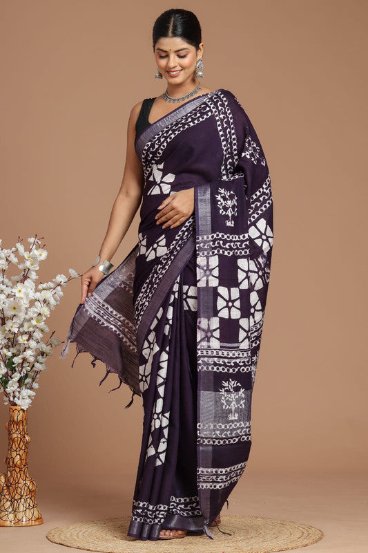 Dark Purple & Multi Coloured Linen Cotton Beautiful Hand Block printed Women Daily/Party wear Saree with Blouse!!