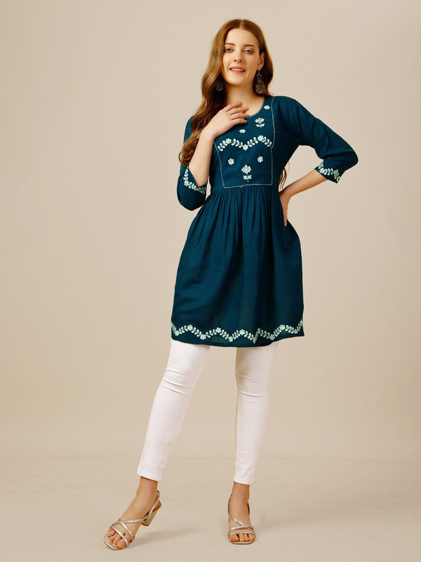 Blue Coloured Premium Rayon with Embroidery & Sequence Work Round Neck 3/4 Sleeves work Women Party/Daily wear Western Top!!