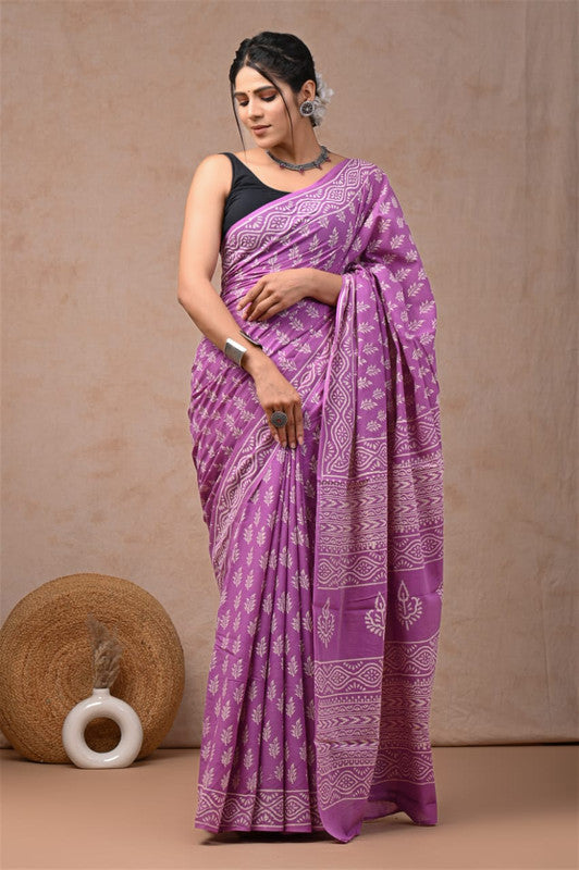 Purple & White Coloured Hand Block Bagru, Dabu & Batik Dye Print Women Designer Party wear Pure Cotton Saree with Runnin Blouse!!