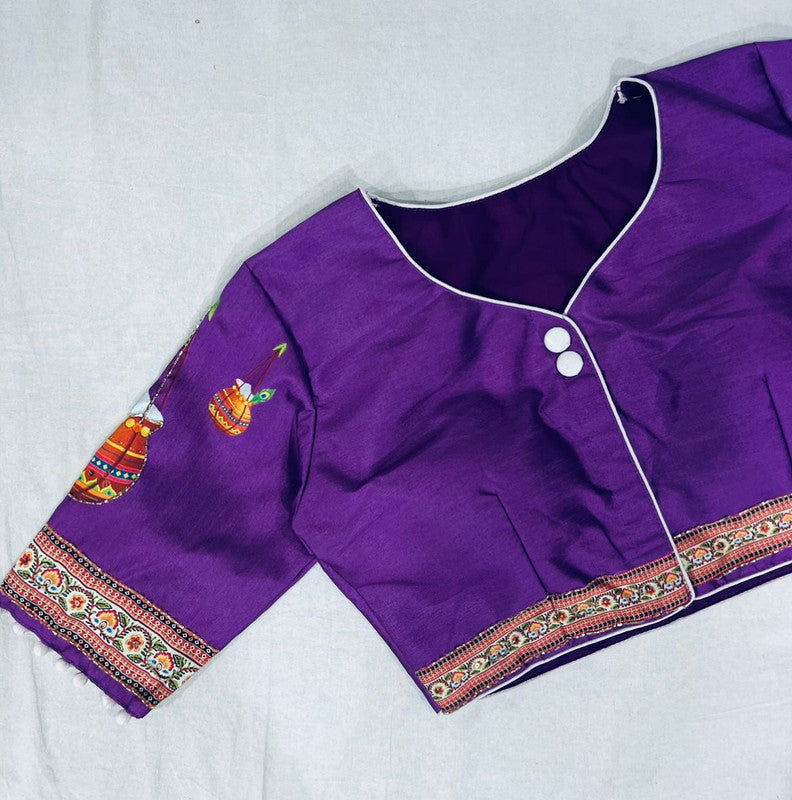 Purple Coloured Pure Silk with Handmade work  Woman Ready made Designer Botique Style Blouse- Free Size Up to 42 Inch!!