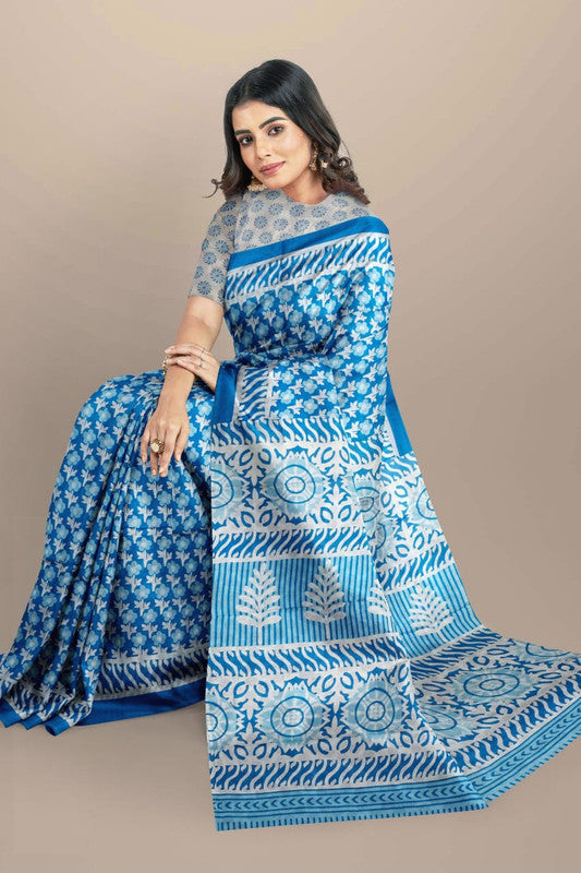 Sky Blue & Multi Coloured Premium Mul Mul Cotton Beautiful Hand Block printed Women Daily/Party wear Saree with Blouse!!