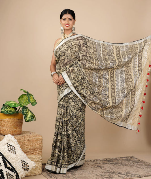 LINEN COTTON HAND PRINTED  SAREE WITH TAUSSAL