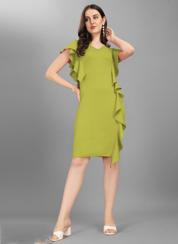 Lime Green Coloured Premium Lycra Knitted V Neck Short Sleeves Women Party wear Western Dress!!