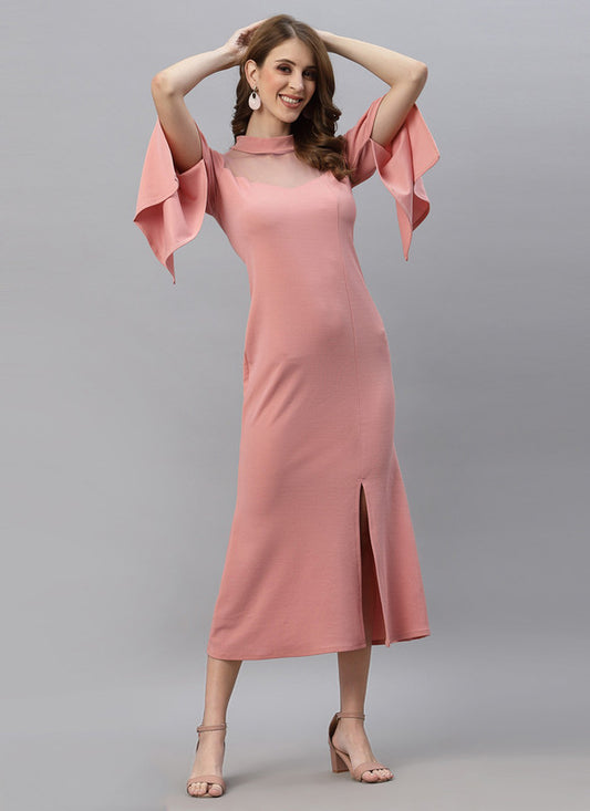 Peach Coloured Premium Lycra Net Knitted Dyed Short Sleeves Women Party wear Western Dress!!
