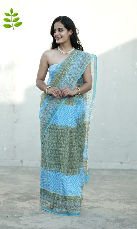 Sky Blue & Multi Coloured Kota Doriya Cotton Beautiful Hand Block printed Women Daily/Party wear Saree with Blouse!!