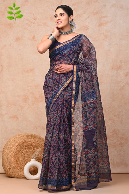 Blue & Multi Coloured Kota Doriya Cotton Beautiful Hand Block printed Women Daily/Party wear Saree with Blouse!!