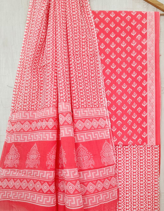 Pink & White Coloured Unstitched Pure Cotton Hand Block Printed Women Party/Daily wear Dress Material Suit- Top with Bottom & Cotton Dupatta!!