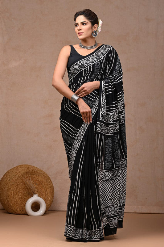 Black & White Coloured Hand Block Bagru, Dabu & Batik Dye Print Women Designer Party wear Pure Cotton Saree with Runnin Blouse!!