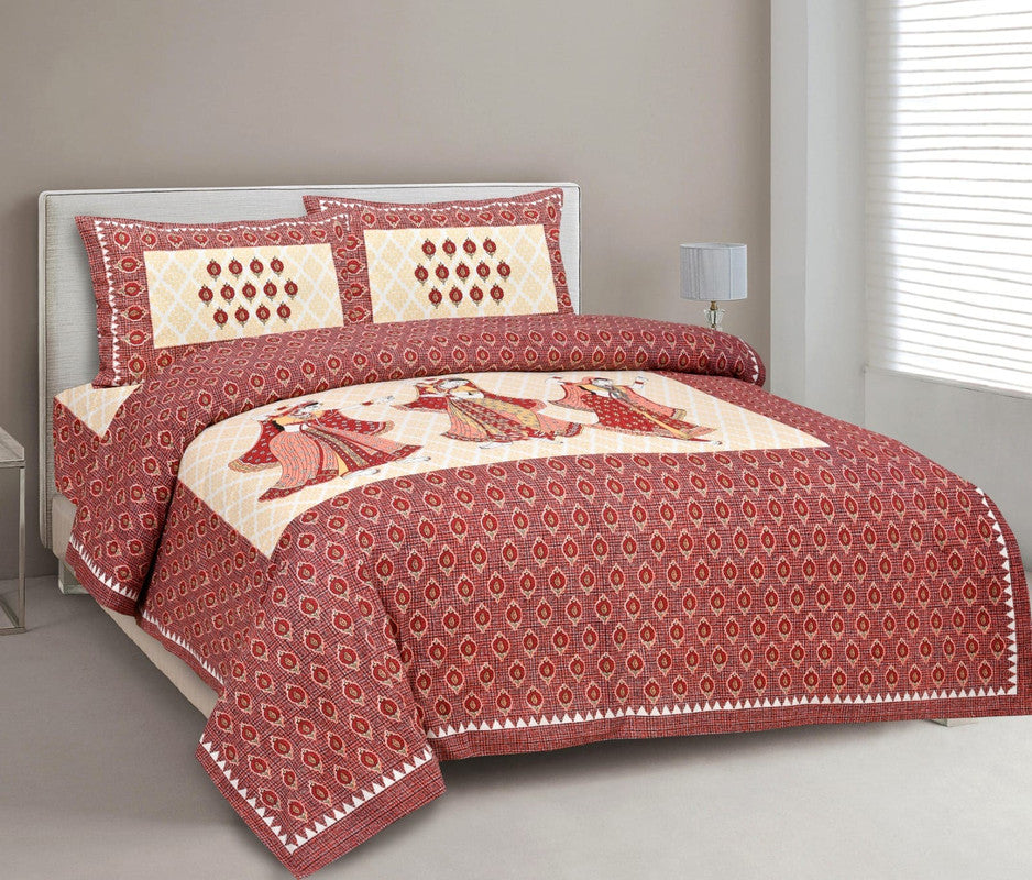 Maroon & Multi Coloured Pure Cotton Beautiful Hand Printed Queen size Double Bed sheet with 2 Pillow covers!!