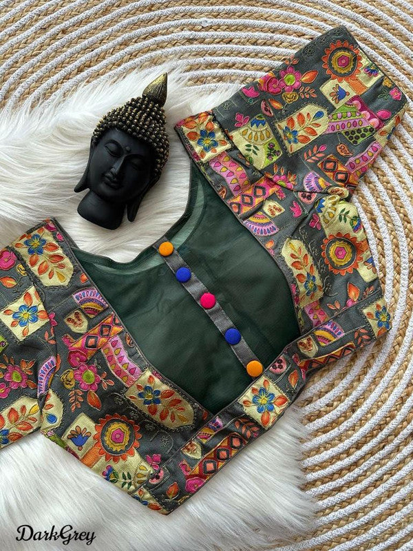 Dark Grey & Multi Coloured Premium Malai Silk Multi Work 5 Colour Button Woman Ready made Designer fancy Blouse- Free Size Up to 42 Inch!!