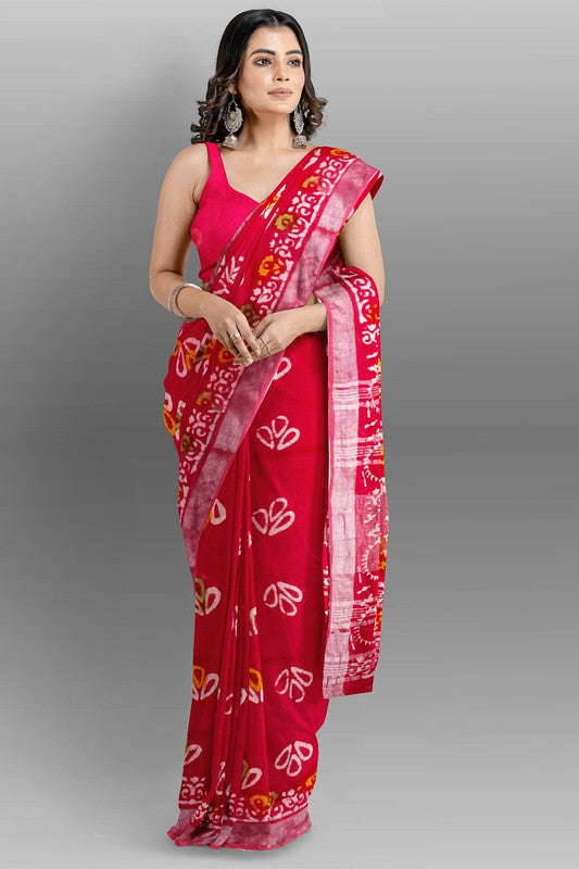 Red & Multi Coloured Linen Cotton Beautiful Hand Block printed Women Daily/Party wear Saree with Blouse!!