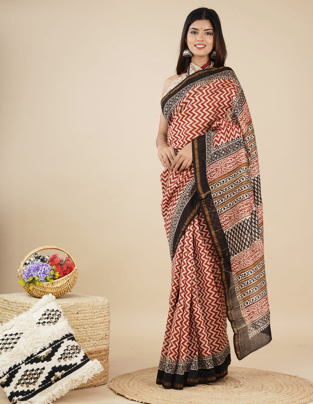 Red & Multi Coloured Hand Block Printed Women Designer Party wear Chanderi Cotton Silk Saree with Runnin Blouse!!