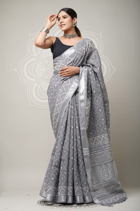 Grey & Multi Coloured Linen Cotton Beautiful Hand Block printed Women Daily/Party wear Saree with Blouse!!