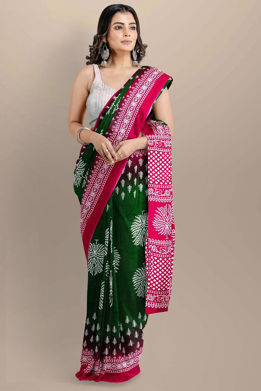 Green & Dark Pink Coloured Premium Mul Mul Cotton Beautiful Hand Block printed Women Daily/Party wear Saree with Blouse!!