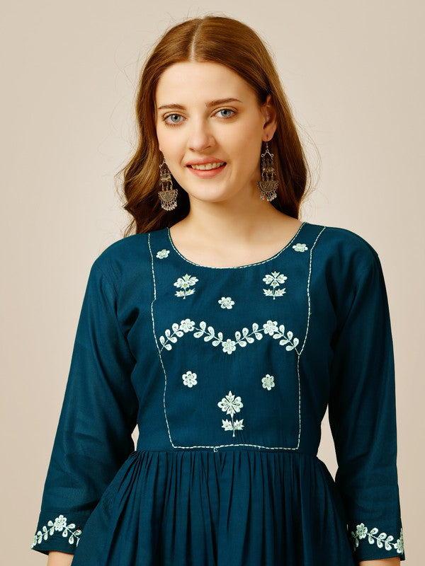 Blue Coloured Premium Rayon with Embroidery & Sequence Work Round Neck 3/4 Sleeves work Women Party/Daily wear Western Top!!