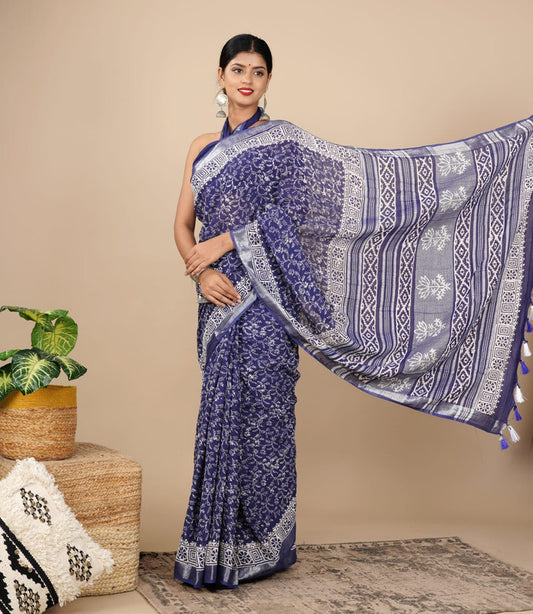 LINEN COTTON HAND PRINTED  SAREE WITH TAUSSAL