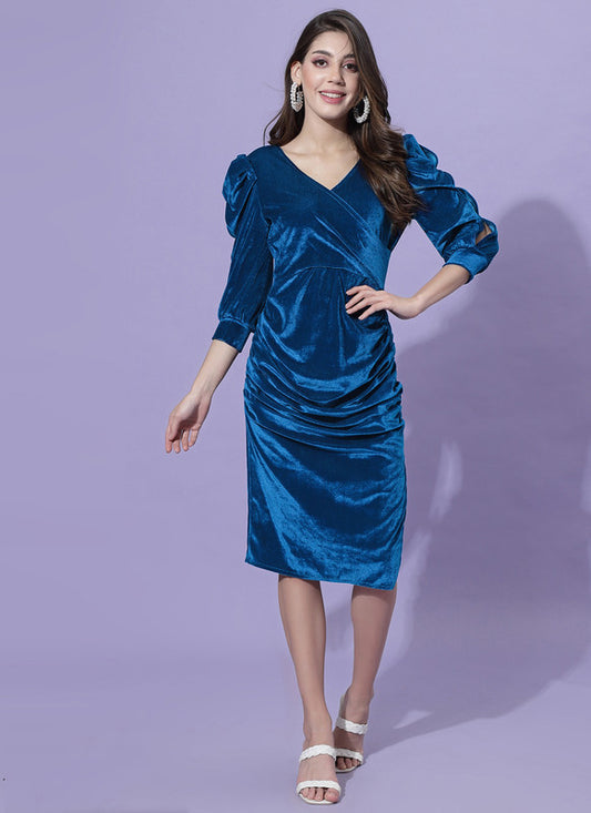 Blue Coloured Premium Velvet Solid Full Sleeves V Neck Women Party wear Western Dress!!