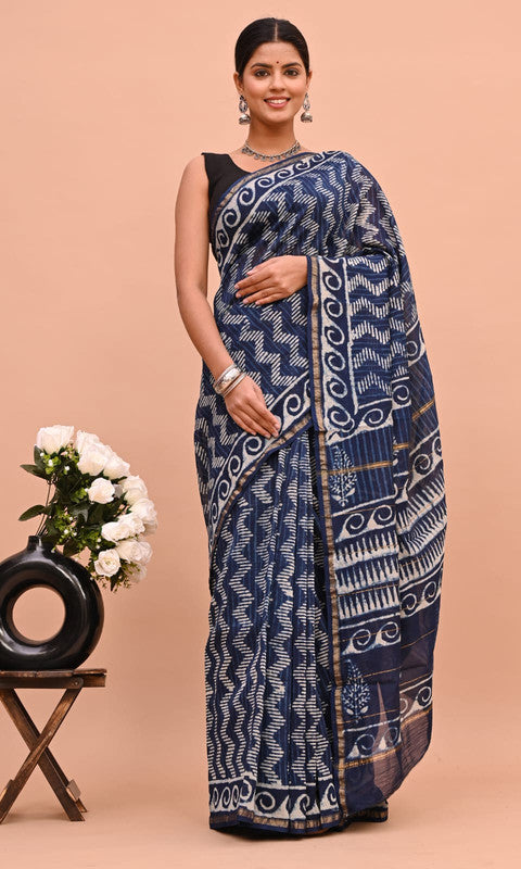 Blue & Off White Coloured Hand Block Printed Women Designer Party wear Chanderi Cotton Silk Saree with Runnin Blouse!!