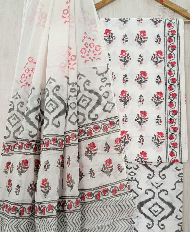 White & Multi Coloured Unstitched Pure Cotton Hand Block Printed Women Party/Daily wear Dress Material Suit- Top with Bottom & Cotton Dupatta!!