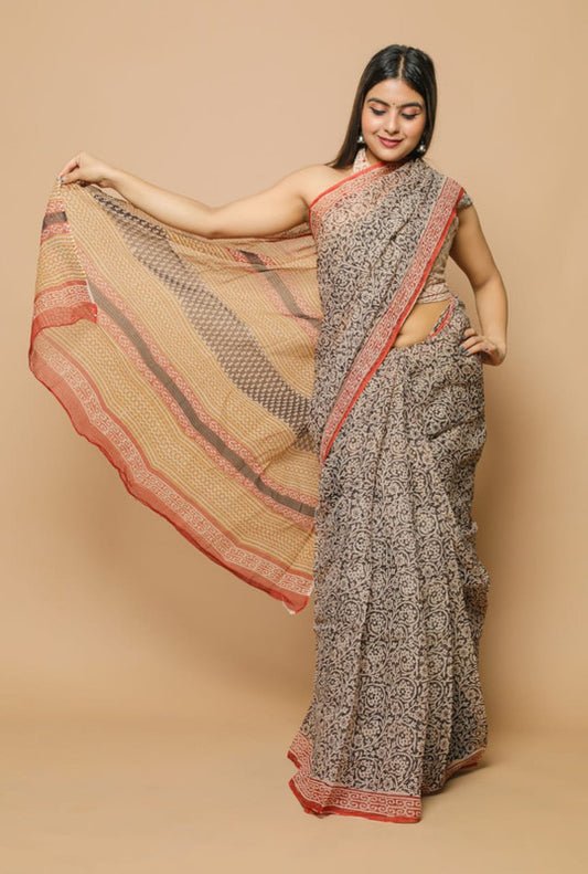 Grey Coloured Kota Doria Hand Block Printed Cotton Saree with Blouse!!