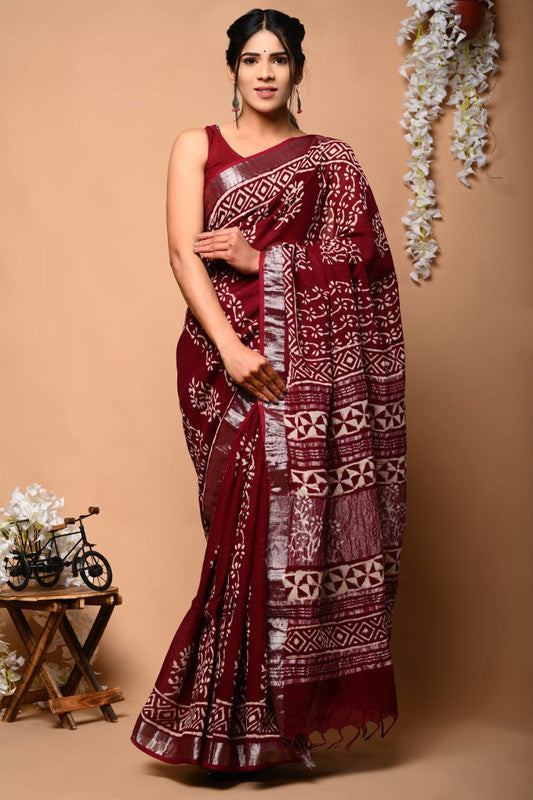 Maroon & Multi Coloured Linen Cotton Beautiful Hand Block printed Women Daily/Party wear Saree with Blouse!!