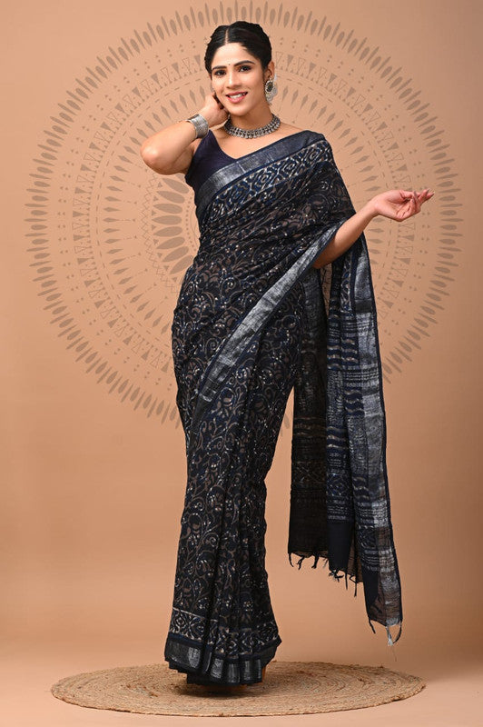 Navy Blue & Multi Coloured Linen Cotton Beautiful Hand Block printed Women Daily/Party wear Saree with Blouse!!