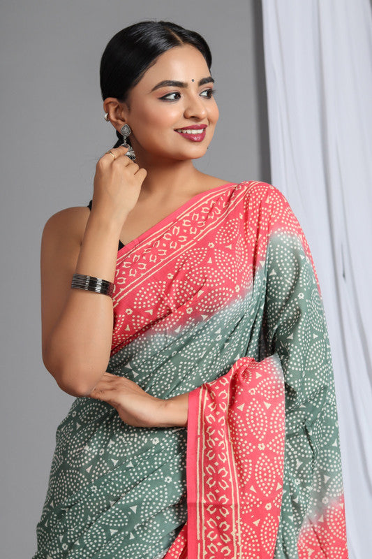 Light Green & Pink Coloured Pure Cotton Beautiful Hand Block printed Women Daily/Party wear Saree with Blouse!!