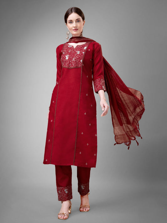 Maroon Coloured With Embroidery & Fancy Lace Work Women Designer Party/Casual wear Cotton Kurti with Pant & Dupatta!!