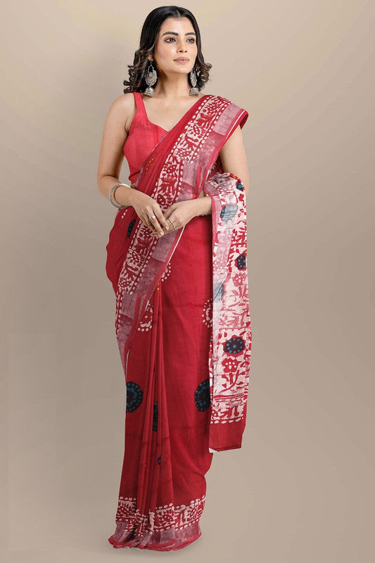 Red & Multi Coloured Linen Cotton Beautiful Hand Block printed Women Daily/Party wear Saree with Blouse!!