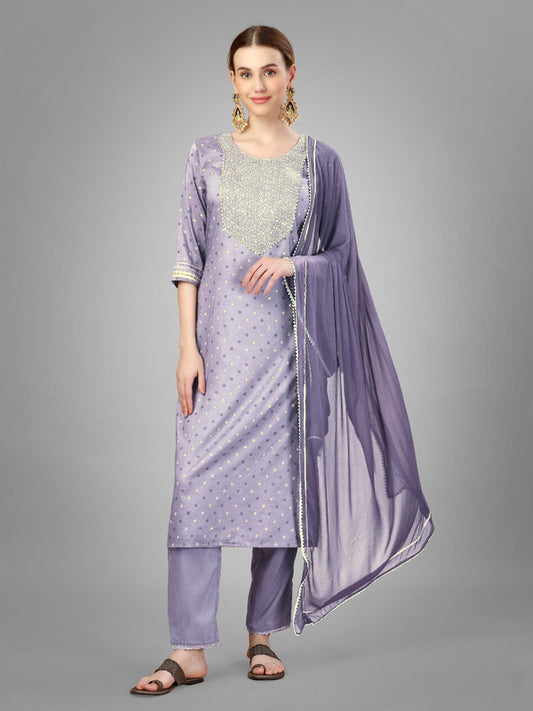 Lavender Coloured With Embroidery & Sequence Work Women Designer Party/Casual wear Silk Blend Kurti with Pant & Dupatta!!