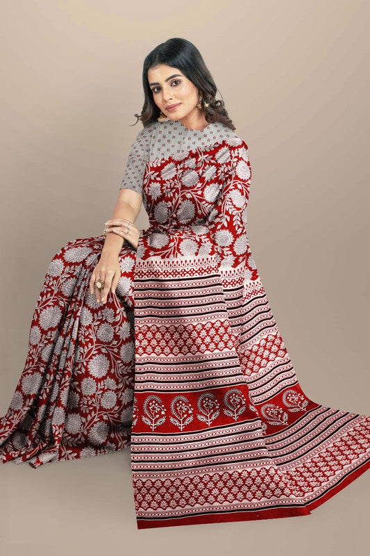 Maroon & Multi Coloured Premium Mul Mul Cotton Beautiful Hand Block printed Women Daily/Party wear Saree with Blouse!!