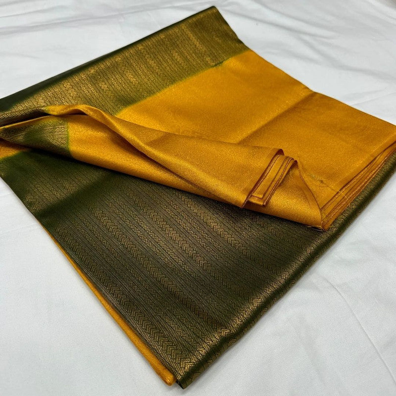 Green & Yellow Coloured Premium Softy Kubera Pattu with Rich copper Zari Pallu Women Party wear Silk Saree with Blouse!!