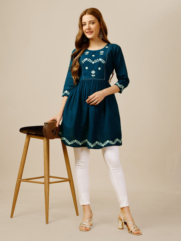 Blue Coloured Premium Rayon with Embroidery & Sequence Work Round Neck 3/4 Sleeves work Women Party/Daily wear Western Top!!