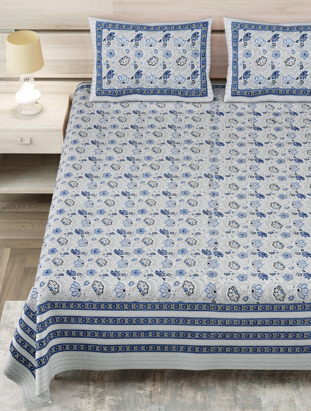 Blue & Multi Coloured Pure Cotton Beautiful Hand Printed King size Double Bed sheet with 2 Pillow covers!!