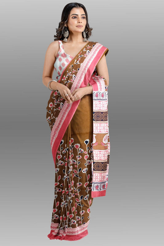 Brown & Multi Coloured Premium Mul Mul Cotton Beautiful Hand Block printed Women Daily/Party wear Saree with Blouse!!