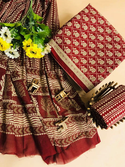 Maroon & Beige Coloured Unstitched Pure Cotton Exclusive Hand Printed Women Party/Daily wear Dress Material Suit- Top with Bottom &  Mul Cotton Dupatta!!