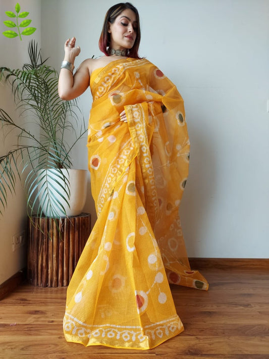 Yellow & Multi Coloured Kota Doriya Cotton Beautiful Hand Block printed Women Daily/Party wear Saree with Blouse!!