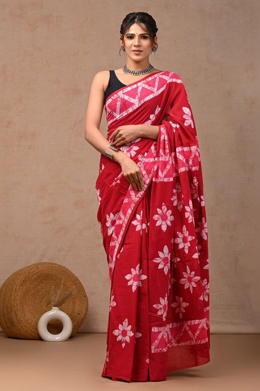 Red & White Coloured Hand Block Bagru, Dabu & Batik Dye Print Women Designer Party wear Pure Cotton Saree with Runnin Blouse!!