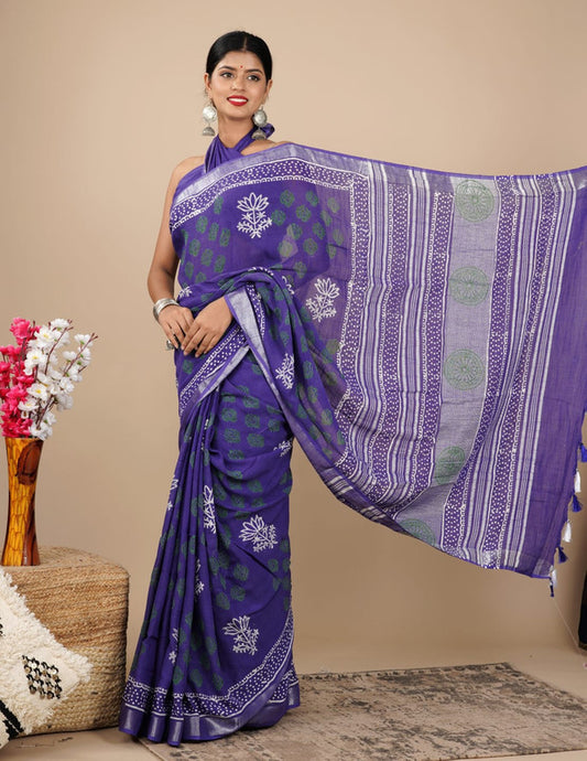 LINEN COTTON HAND PRINTED  SAREE WITH TAUSSAL