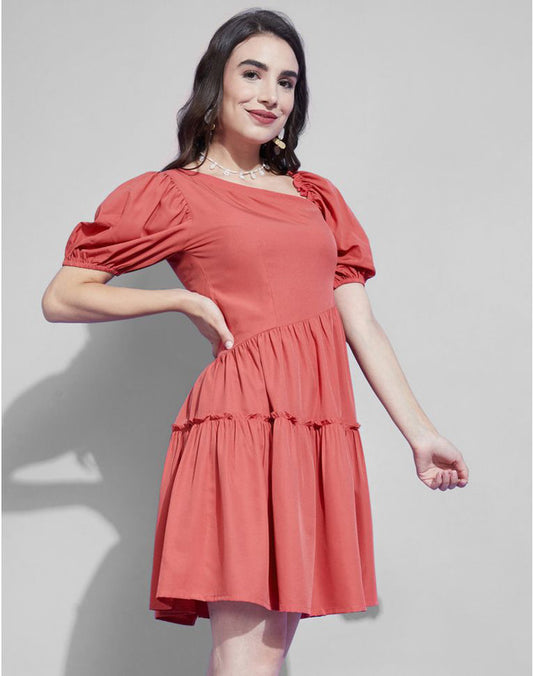 Coral Coloured Premium BSY(Polyester) Solid Short Sleeves Women Party wear Western Dress!!