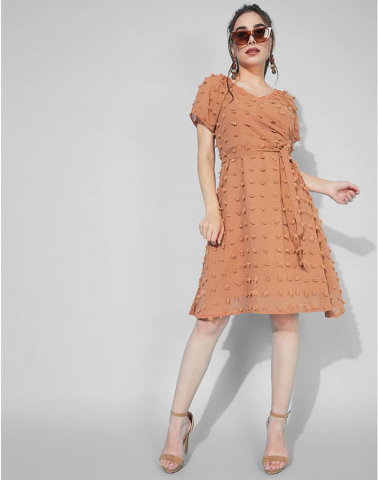 Rust Coloured Premium Indo Cotton Self Woven Short Sleeves Women Party wear Western Dress!!