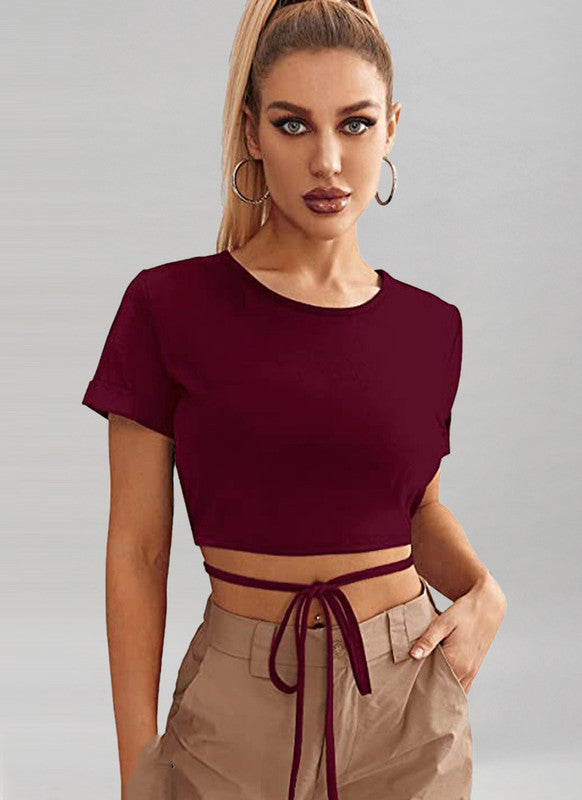 Maroon Coloured Premium Lycra Knitted Dyed Short sleeves Round Neck Women Party wear Western Top!!