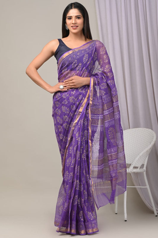 Purple & Multi Coloured Kota Doriya Cotton Beautiful Hand Block printed Women Daily/Party wear Saree with Blouse!!