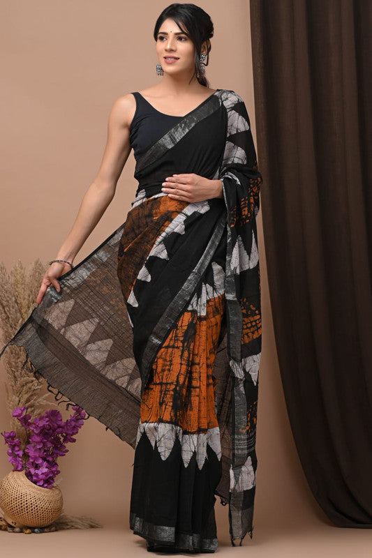 Black & Multi Coloured Exclusive Hand Block printed Women Daily/Party wear Linen Cotton Saree with Blouse!!