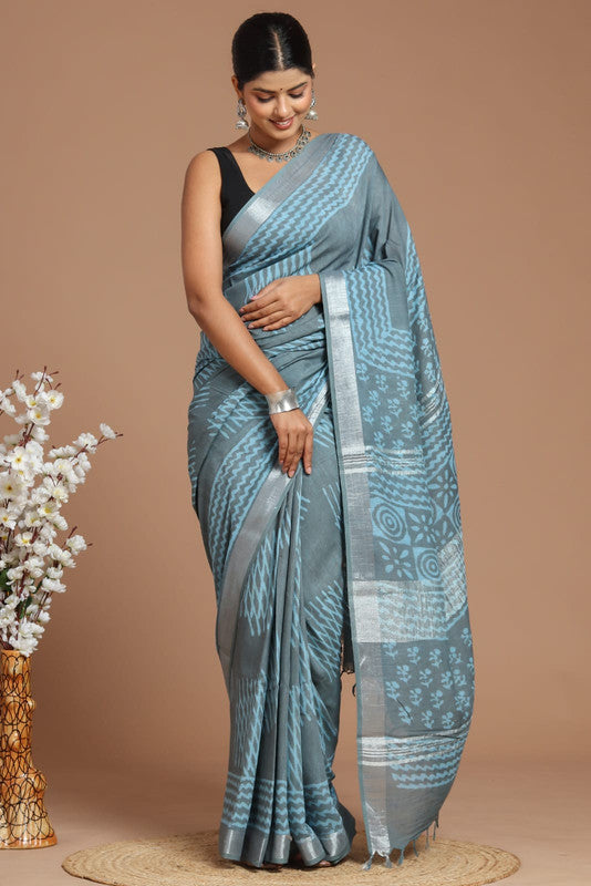 Grey & Multi Coloured Linen Cotton Beautiful Hand Block printed Women Daily/Party wear Saree with Blouse!!