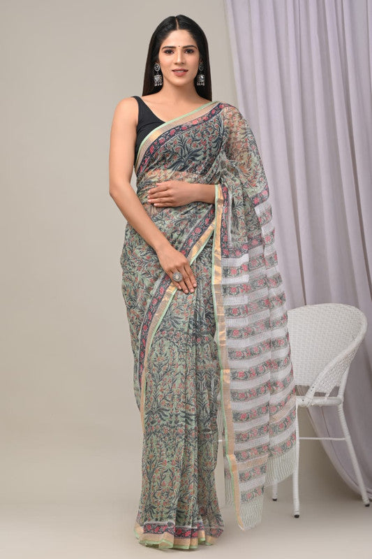 Light Green & Multi Coloured Kota Doriya Cotton Beautiful Hand Block printed Women Daily/Party wear Saree with Blouse!!